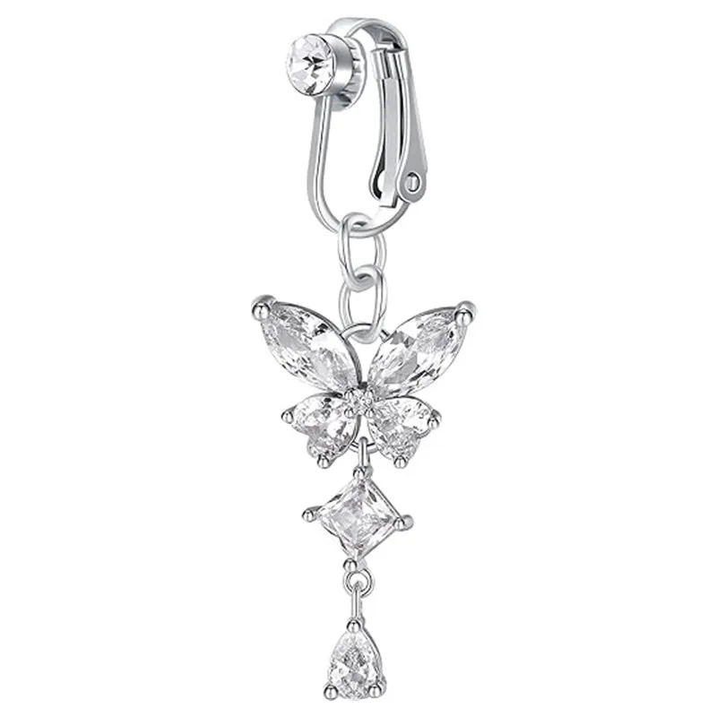 Fałszywy piercing pępka z motylem i cyrkonią – klips bez przekłucia Rodowany