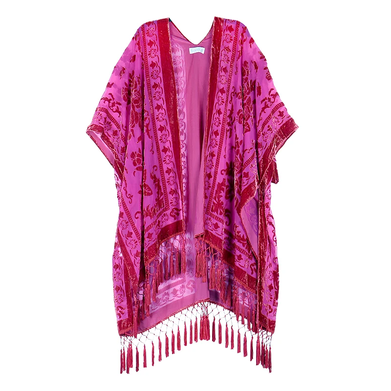 Fioletowe kimono plażowe z frędzlami Jypf 11