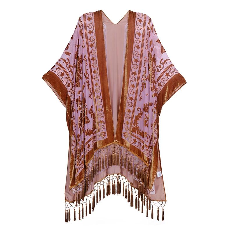 Fioletowe kimono plażowe z frędzlami Jypf 12