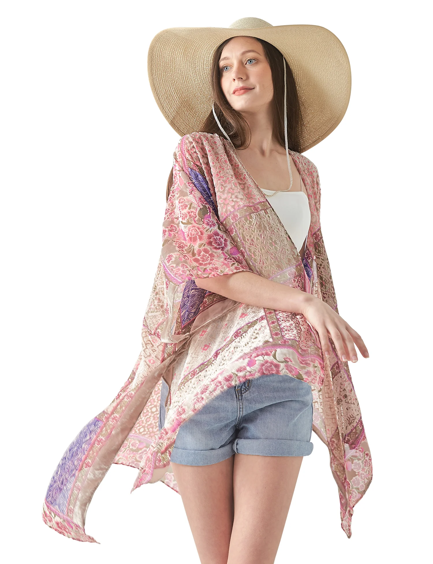 Fioletowe kimono plażowe z frędzlami Jypf 29