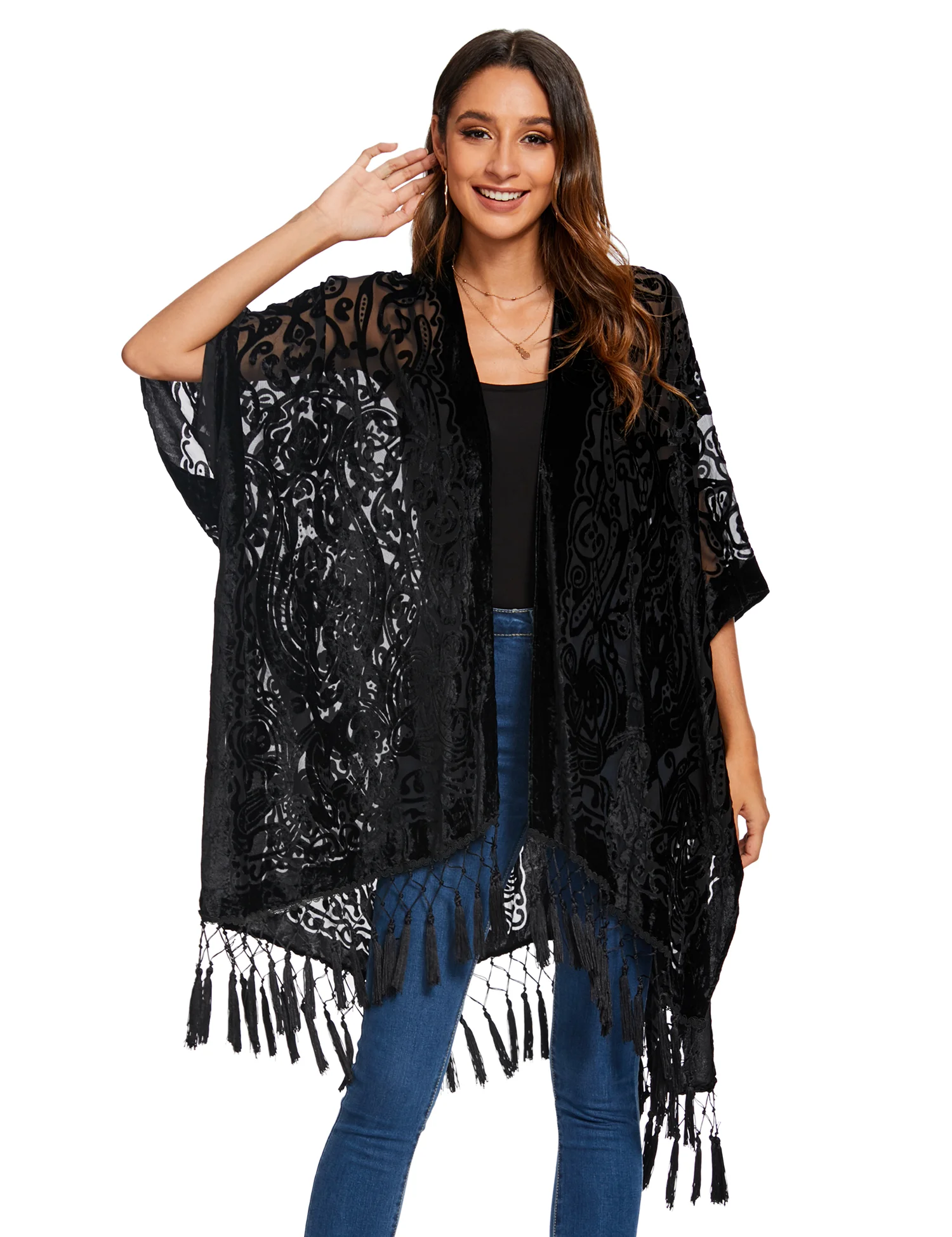 Fioletowe kimono plażowe z frędzlami Jypf 8