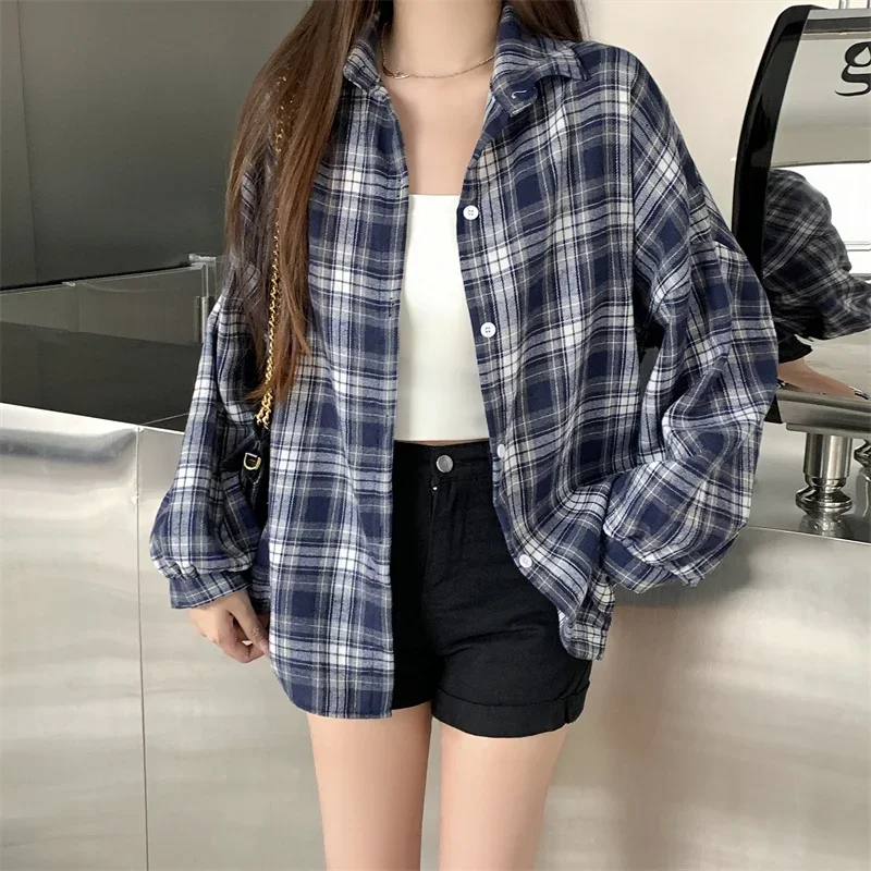 Flanelowa koszula damska w kratę z długim rękawem casual Kolor korzenia lotosu