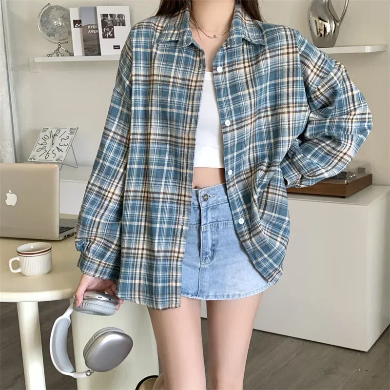 Flanelowa koszula damska w kratę z długim rękawem casual Szary