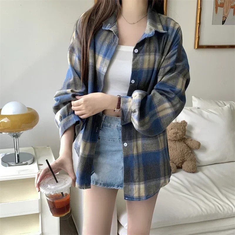 Flanelowa koszula damska w kratę z długim rękawem casual Złoto