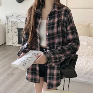 Flanelowa koszula damska w kratę z długim rękawem – casualowa Kolba