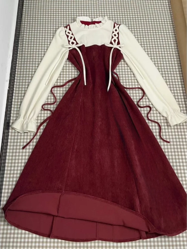 Francuska sukienka midi w stylu vintage w kratę Bordowy