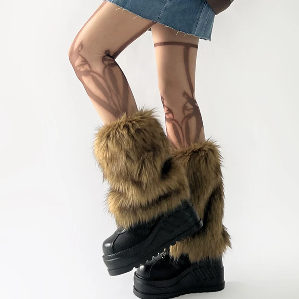 Futerkowe ocieplacze na nogi Y2K – styl Harajuku i punk Brązowy