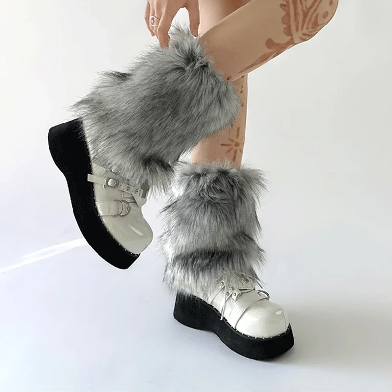 Futerkowe ocieplacze na nogi Y2K – styl Harajuku i punk Szary