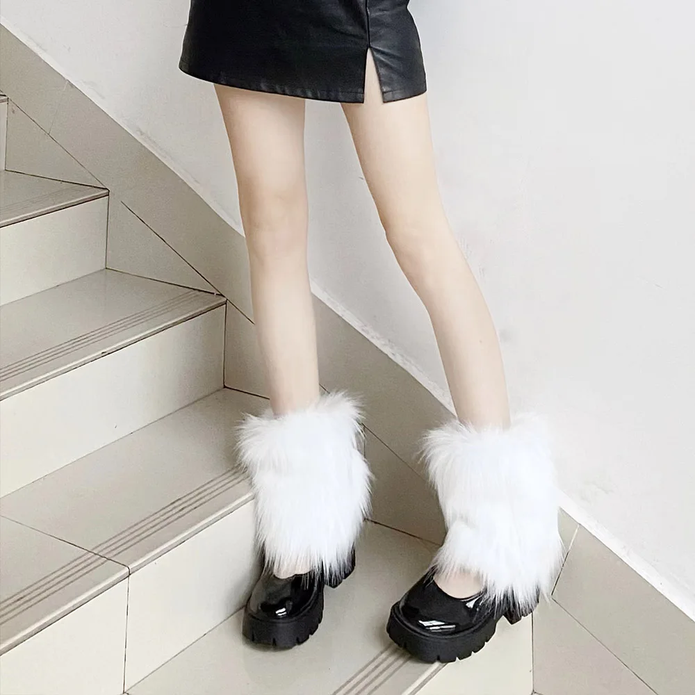 Futrzane ocieplacze na nogi Y2K Punk Faux Fur damskie Czarny