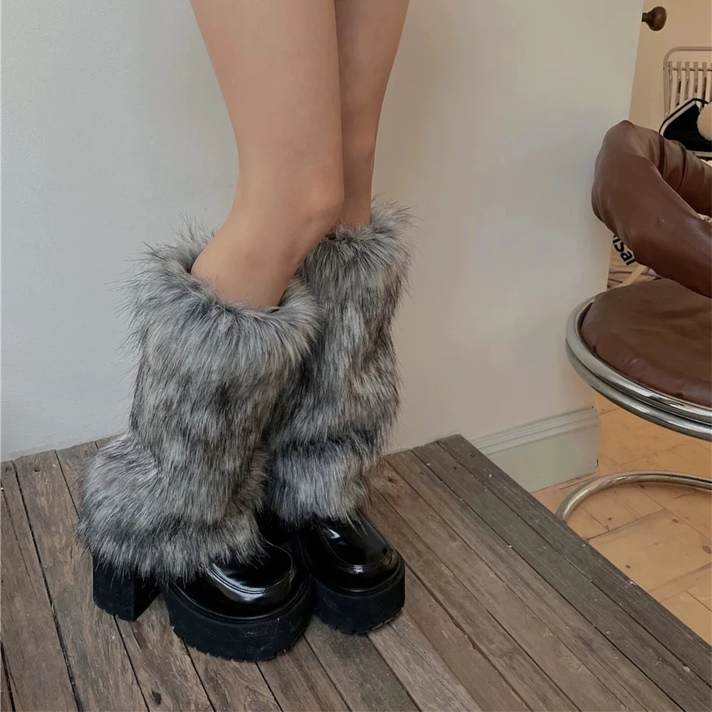 Futrzane ocieplacze na nogi Y2K Punk Faux Fur damskie Szary
