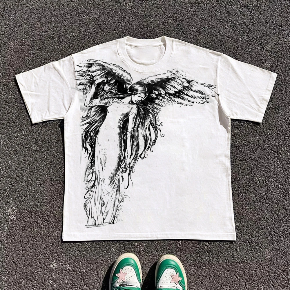 Gothic Y2K T-Shirt Oversize z Wzorem Damski i Unisex Niebieski