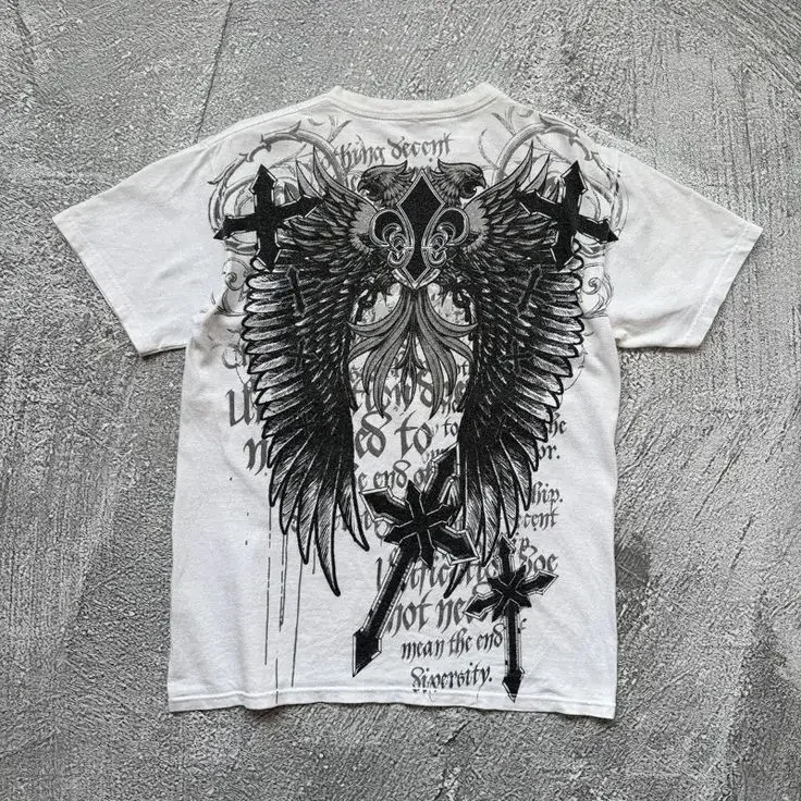 Gothic Y2K T-Shirt Oversize z Wzorem Damski i Unisex Szary