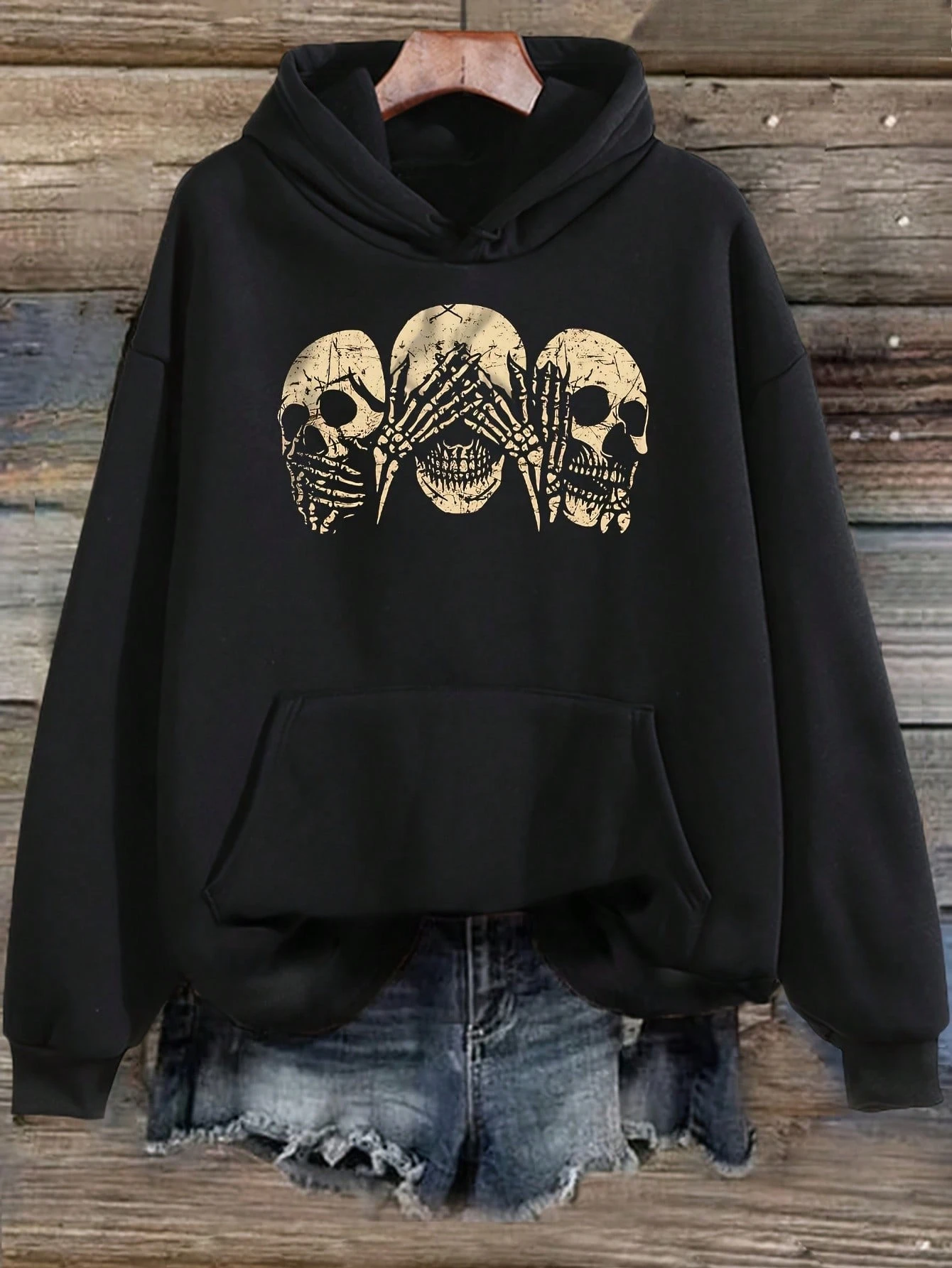 Gotycka bluza z kapturem z nadrukiem czaszki w stylu Y2K Beżowy