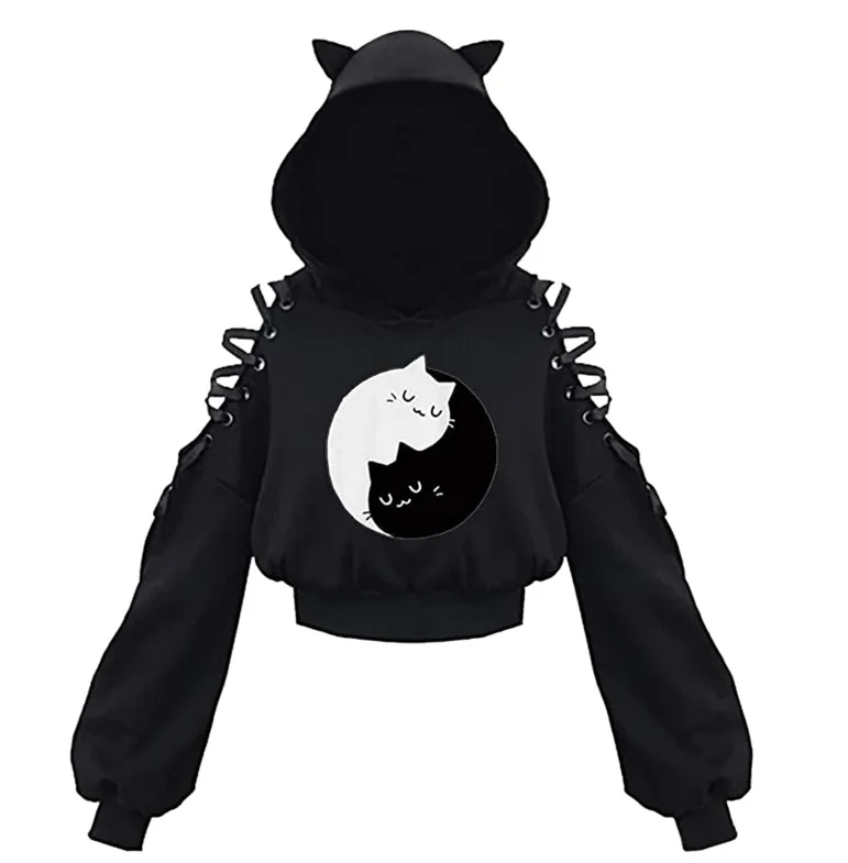 Gotycka bluza z kapturem z wycięciami w stylu Y2K damska Błękitny