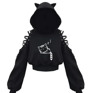Gotycka bluza z kapturem z wycięciami w stylu Y2K damska Czarny