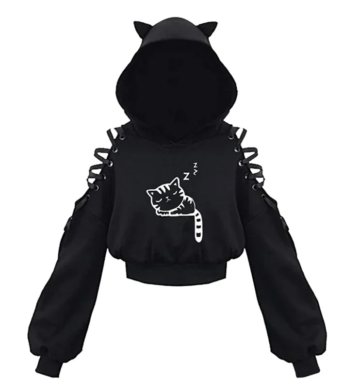 Gotycka bluza z kapturem z wycięciami w stylu Y2K damska Czarny
