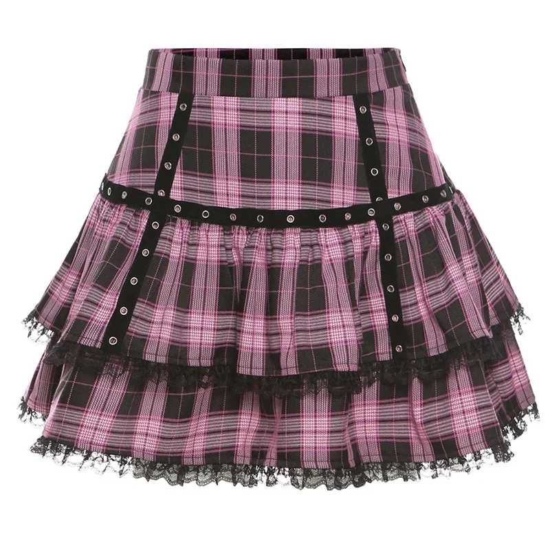 Gotycka koronkowa mini spódniczka z falbanami Harajuku Grunge Pomarańczowa czerwona