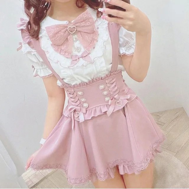 Gotycka koronkowa spódnica mini na szelkach w stylu Lolita Jasny