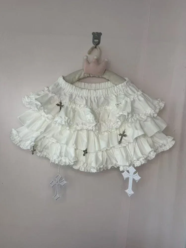 Gotycka mini spódniczka z falbankami i gumką Beżowy