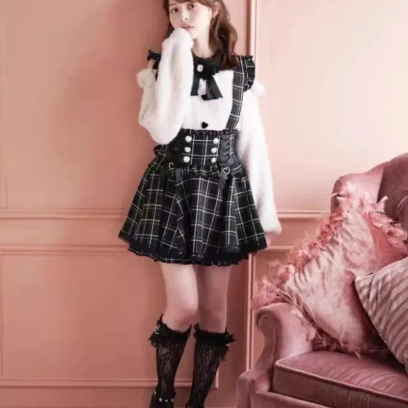 Gotycka spódniczka lolita na szelkach z koronką kawaii Szampan