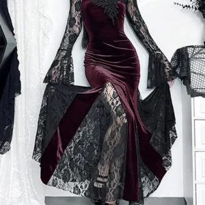 Gotycka sukienka midi AltGoth koronkowa z falbanką elegancka Kolor czerwonego wina