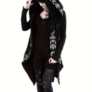 Gotycki kardigan z kapturem w stylu witchy Czarny