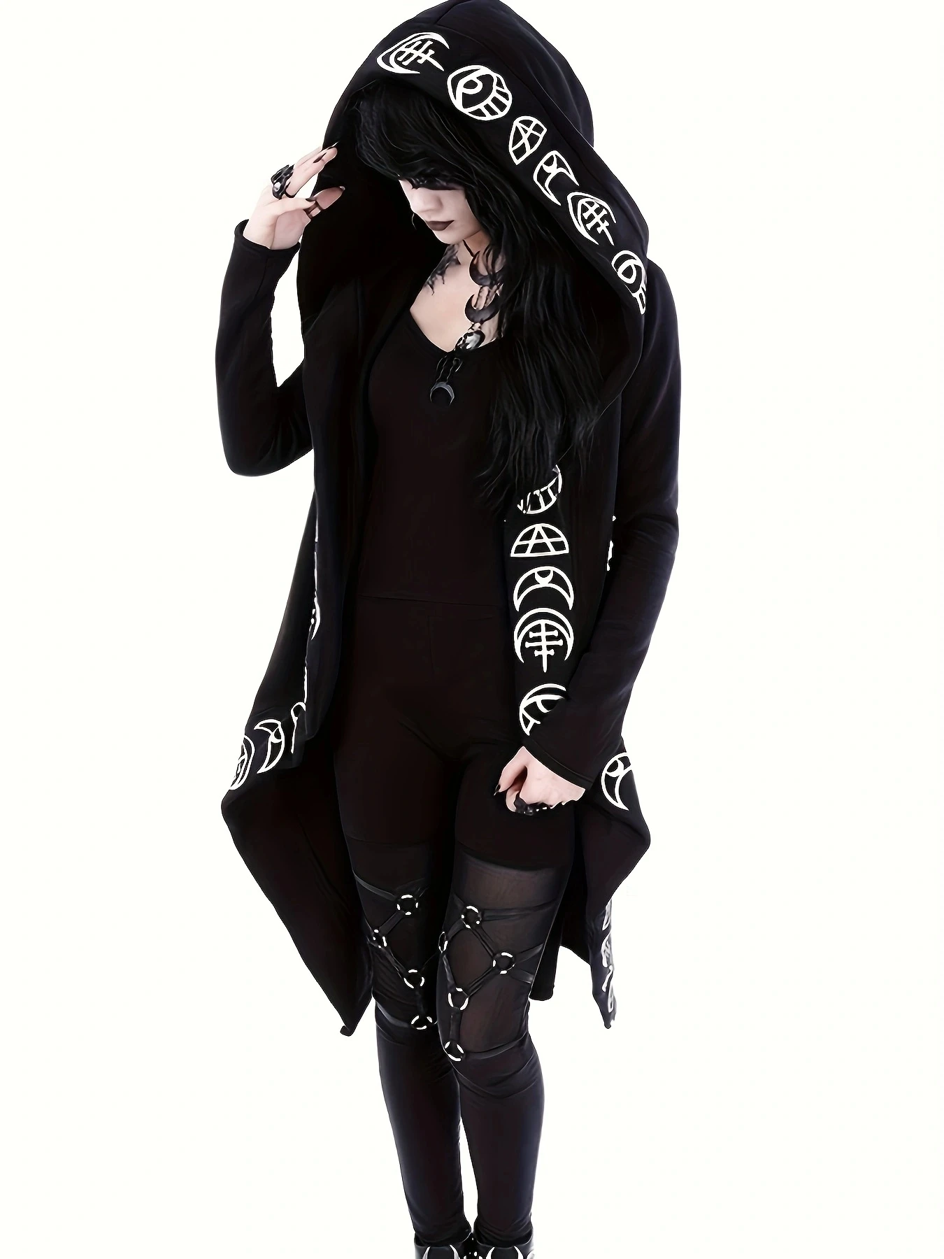 Gotycki kardigan z kapturem w stylu witchy Czarny