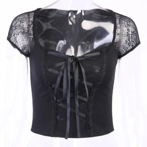 Gotycki top damski w stylu vintage z koronkową siateczką Czarny
