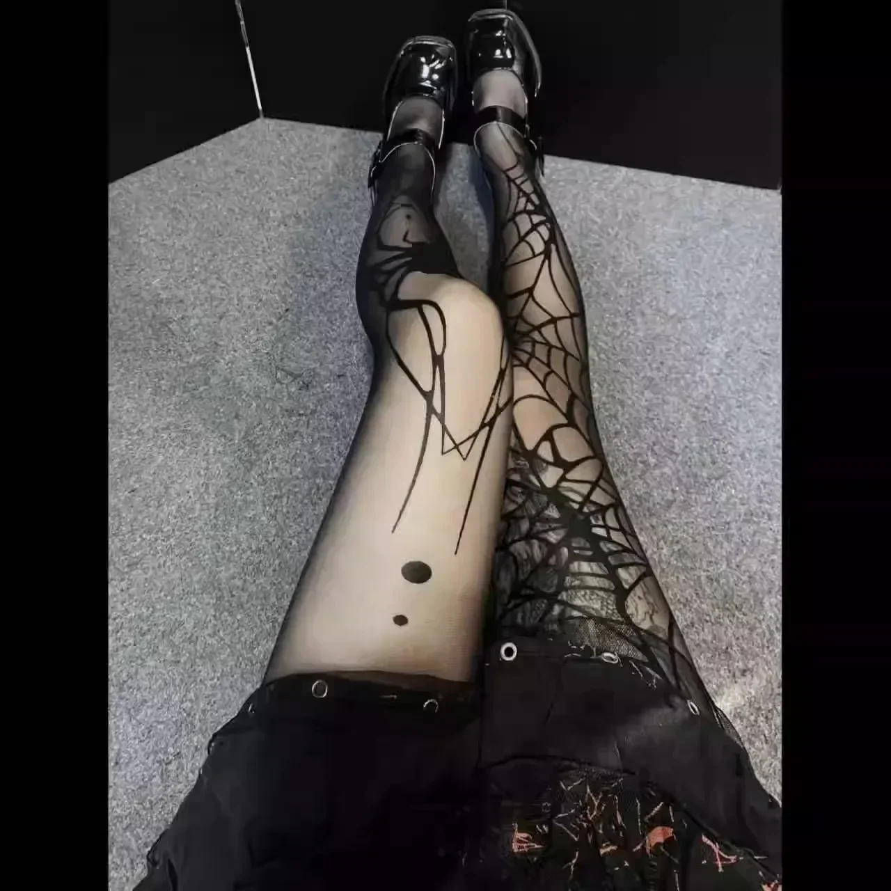 Gotyckie rajstopy z pajęczyną — siatka goth witch vintage Beżowy