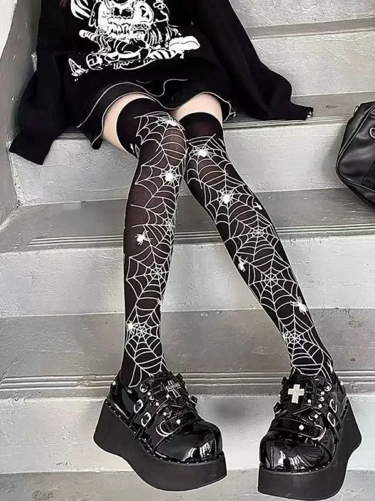 Gotyckie rajstopy z pajęczyną — siatka goth witch vintage Różowy