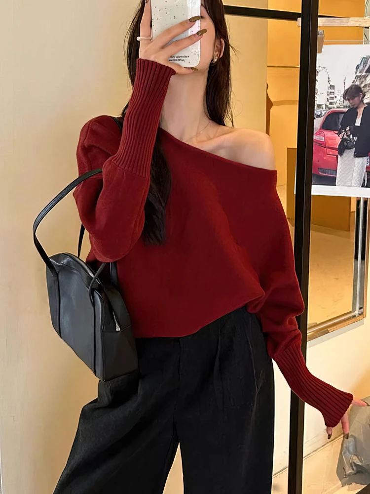 Gruby sweter z odkrytymi ramionami batwing koreański Burgundia