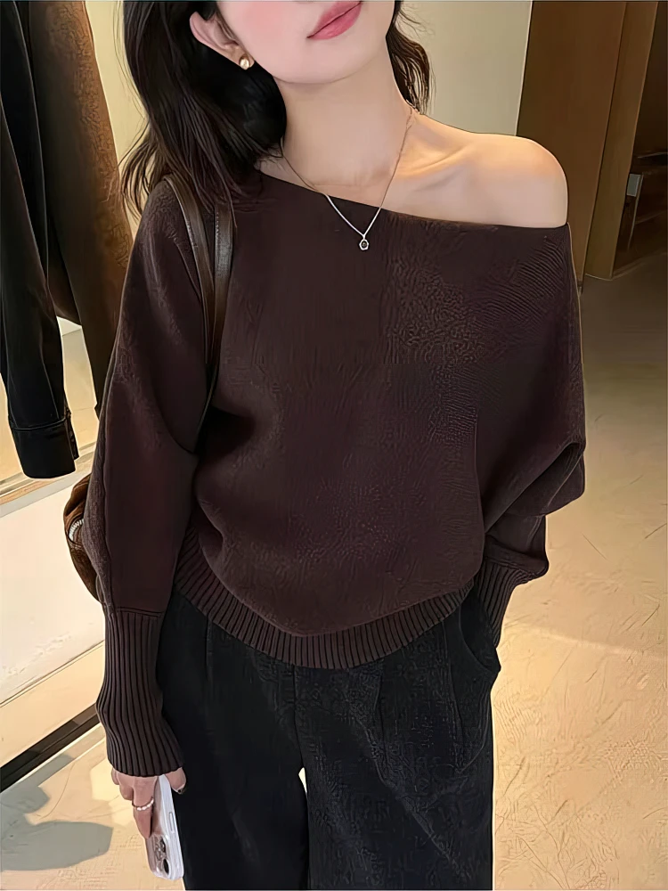 Gruby sweter z odkrytymi ramionami batwing koreański Ciemny brąz
