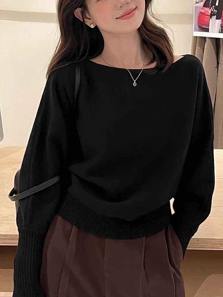 Gruby sweter z odkrytymi ramionami batwing koreański Czarny