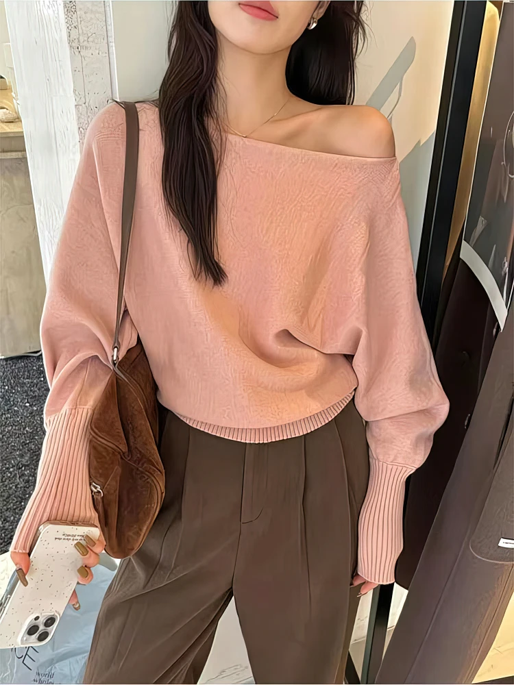 Gruby sweter z odkrytymi ramionami batwing koreański Różowy