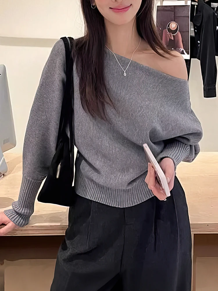 Gruby sweter z odkrytymi ramionami batwing koreański Szary