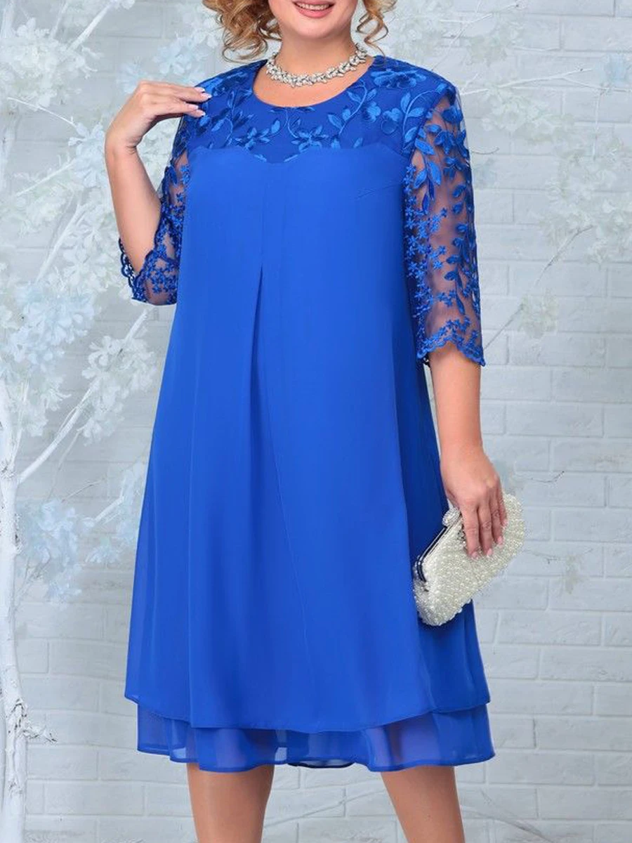 Haftowana sukienka patchworkowa plus size na lato Niebieski