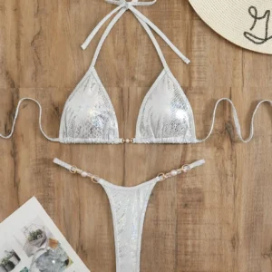 Holograficzne bikini ze wzorem skóry węża i perłową klamrą Srebrny