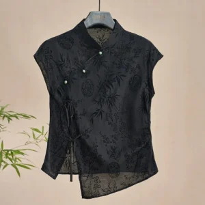 Żakardowa bluzka w stylu cheongsam z krótkim rękawem Czarny