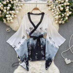 Japońskie kimono damskie — lekki szlafrok bielizna nocna Biały