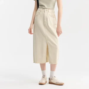 Jeansowa spódnica mini z rozcięciem — letni styl Khaki