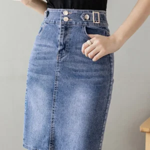 Jeansowa spódnica plus size z wysokim stanem i rozcięciem Niebieski