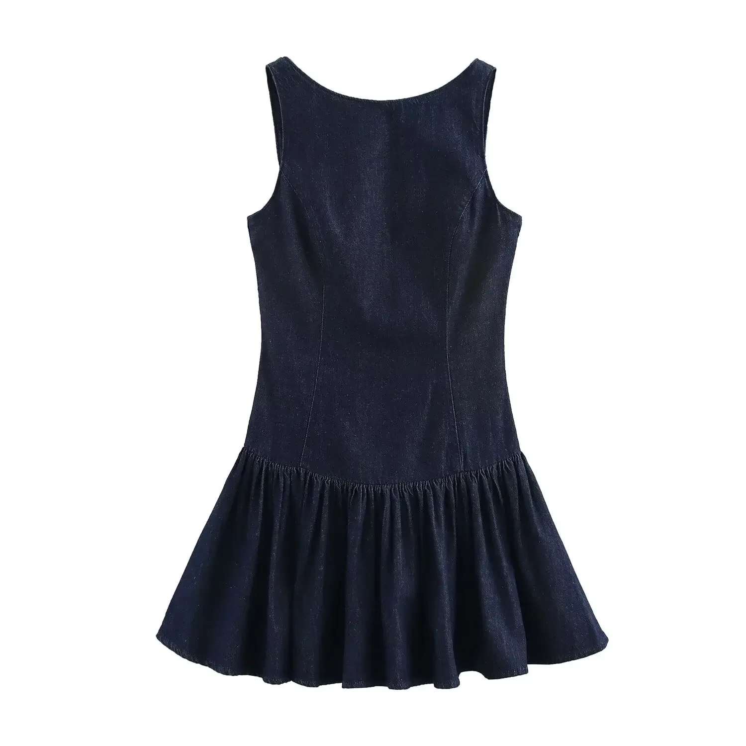 Jeansowa sukienka mini z odkrytymi plecami w stylu french chic Niebieski