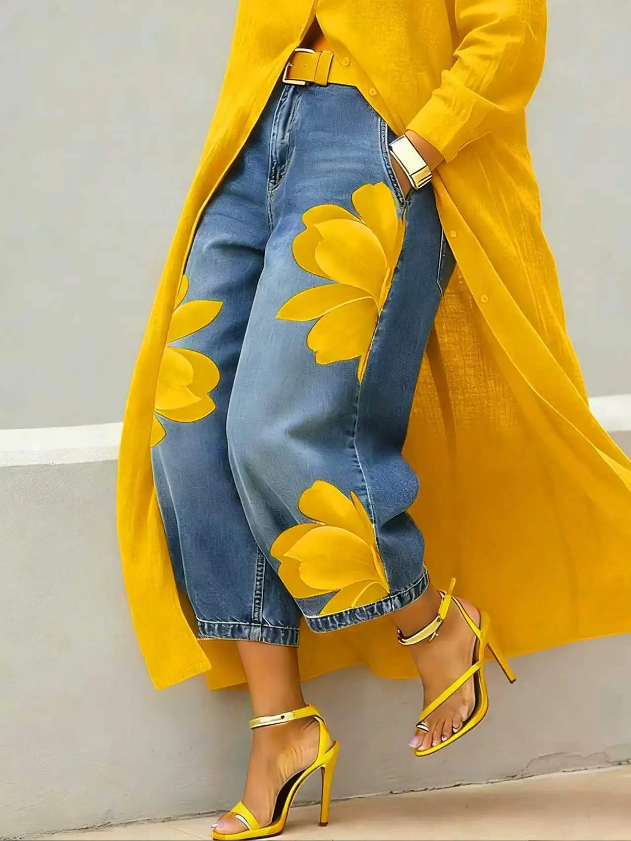 Jeansowe spodnie w kwiaty z szerokimi nogawkami — boho streetwear Żółty