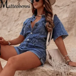 Jeansowy kombinezon damski z kieszeniami vintage denim Ciemny niebieski