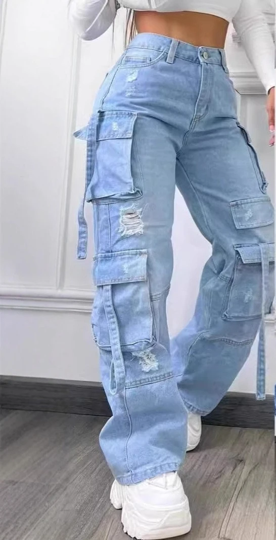 Jeansy damskie cargo z dżetami plus size wysoki stan Czarny