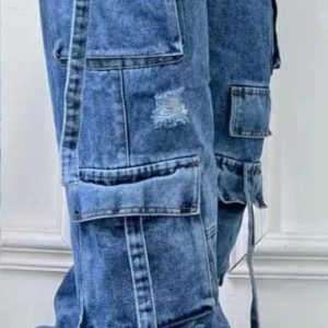 Jeansy damskie cargo z dżetami plus size wysoki stan Niebieski