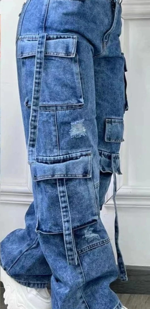 Jeansy damskie cargo z dżetami plus size wysoki stan Niebieski