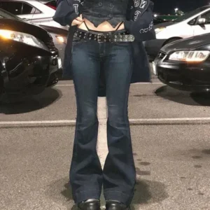 Jeansy damskie z niskim stanem szeroka nogawka bootcut Głęboki niebieski