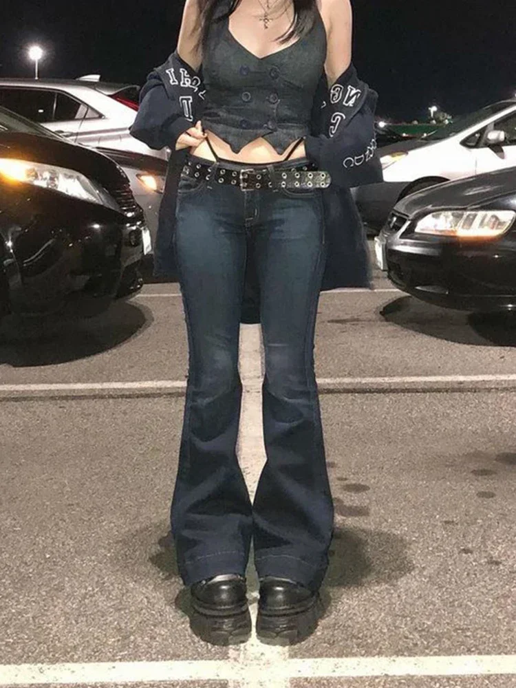 Jeansy damskie z niskim stanem szeroka nogawka bootcut Głęboki niebieski