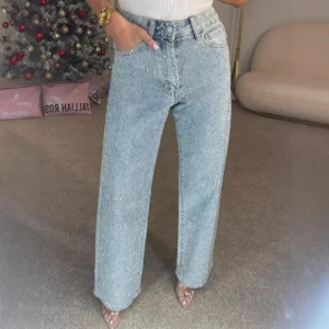 Jeansy damskie skinny z diamentami i wysokim stanem rozciągliwe Niebieski